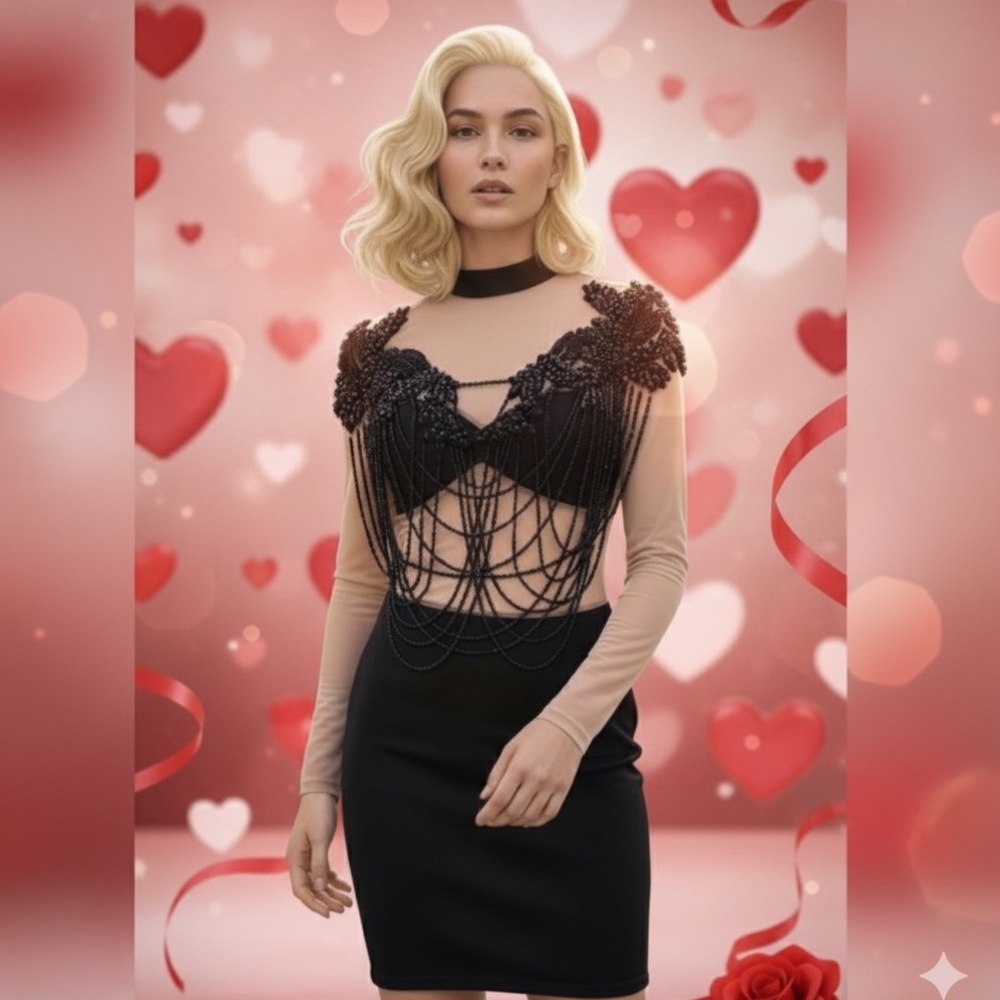 QUEEN MANIA MINI Black Mesh Dress Embellished with Black Faceted Beads SZ M NWOT